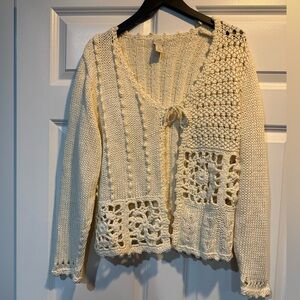 J. Jill Cream Hand Knit Crochet Cardigan Sweater Size Large